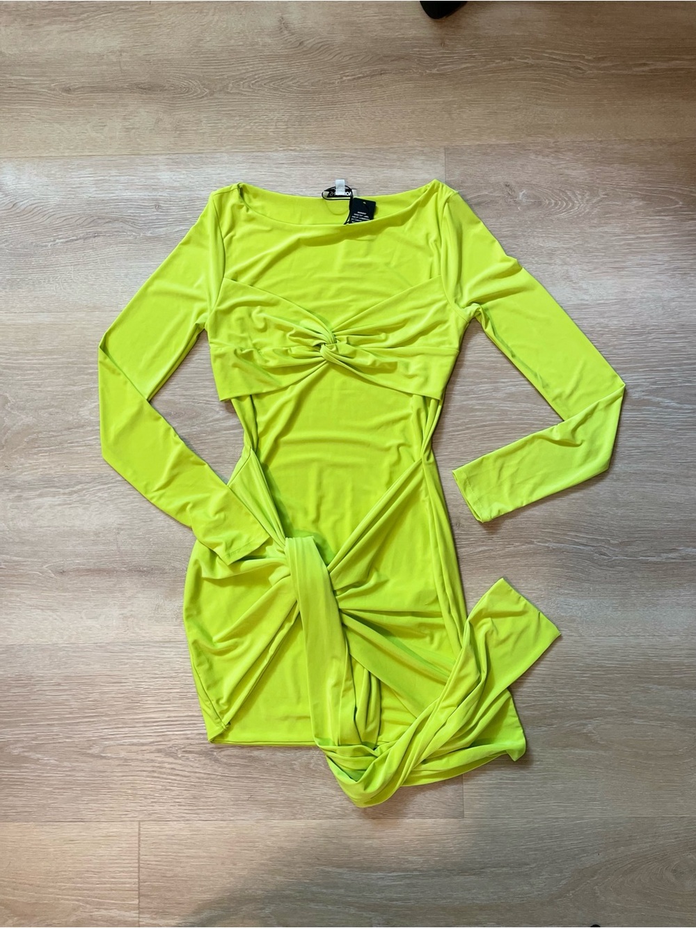 Fashion Nova Neon Yellow Twist-Front Long Sleeve Mini Dress